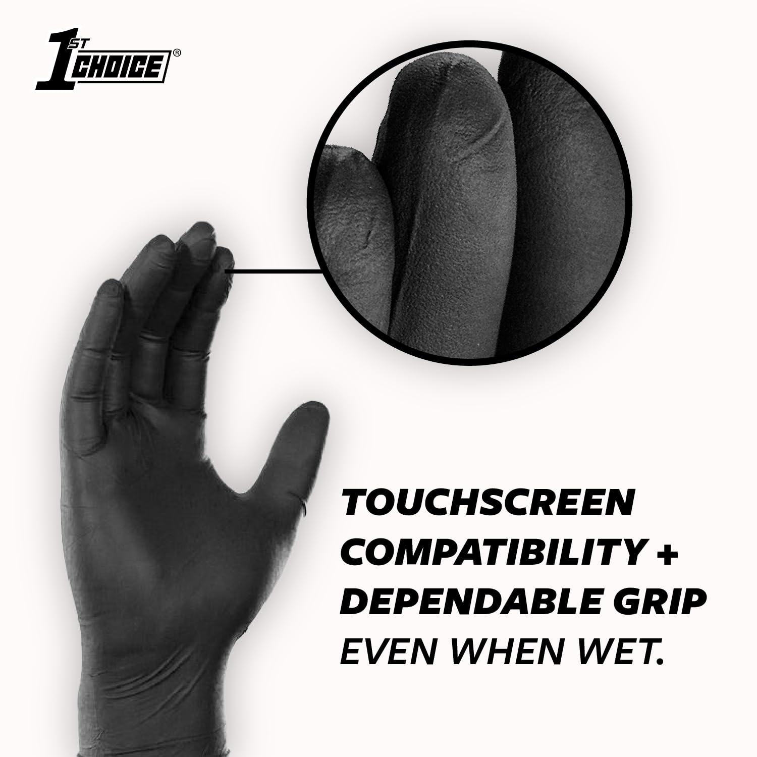 1st Choice gloves displayed flat to show 6 mil thickness and coverage