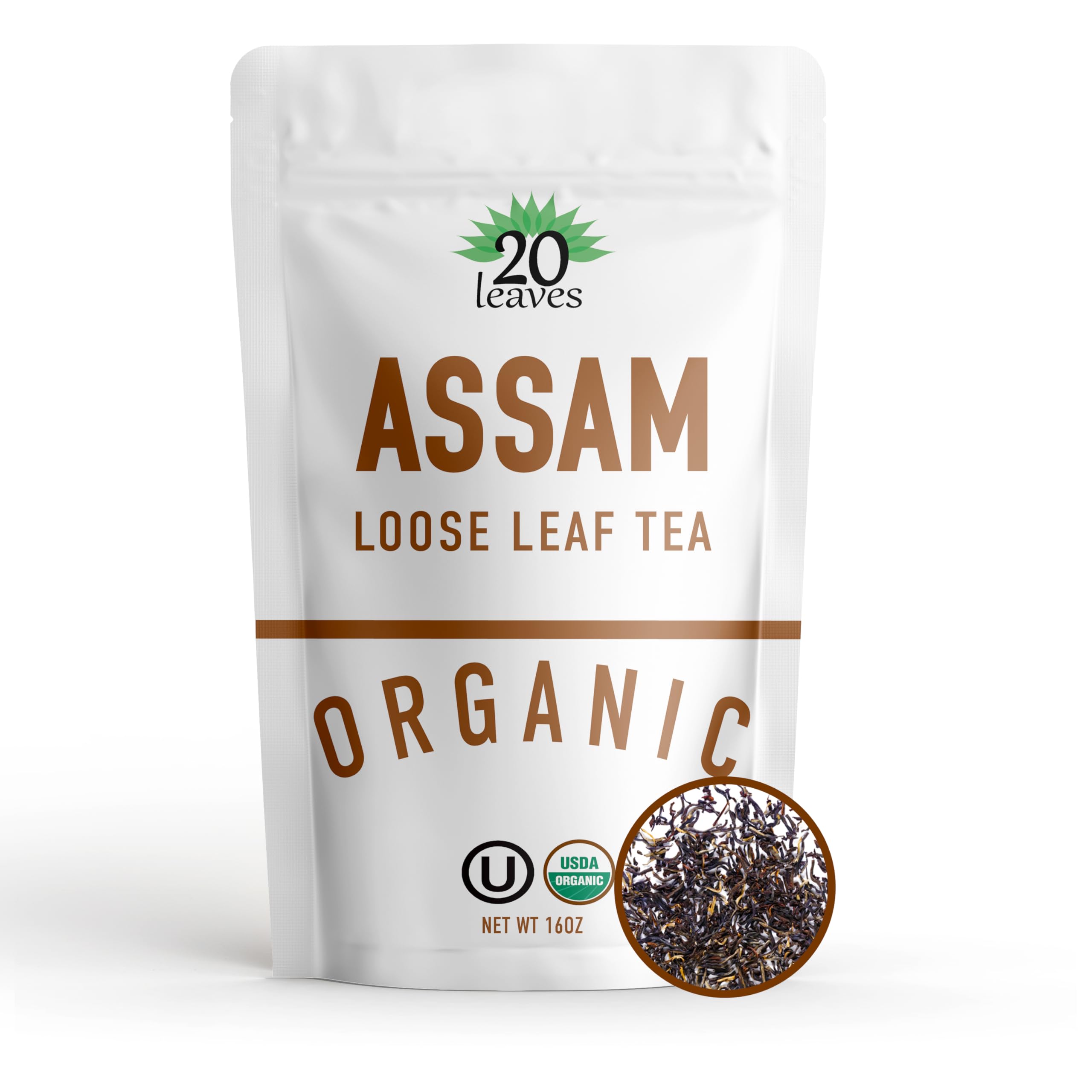 20 Leaves front packaging showing 16oz kraft pouch and clear label for freshness