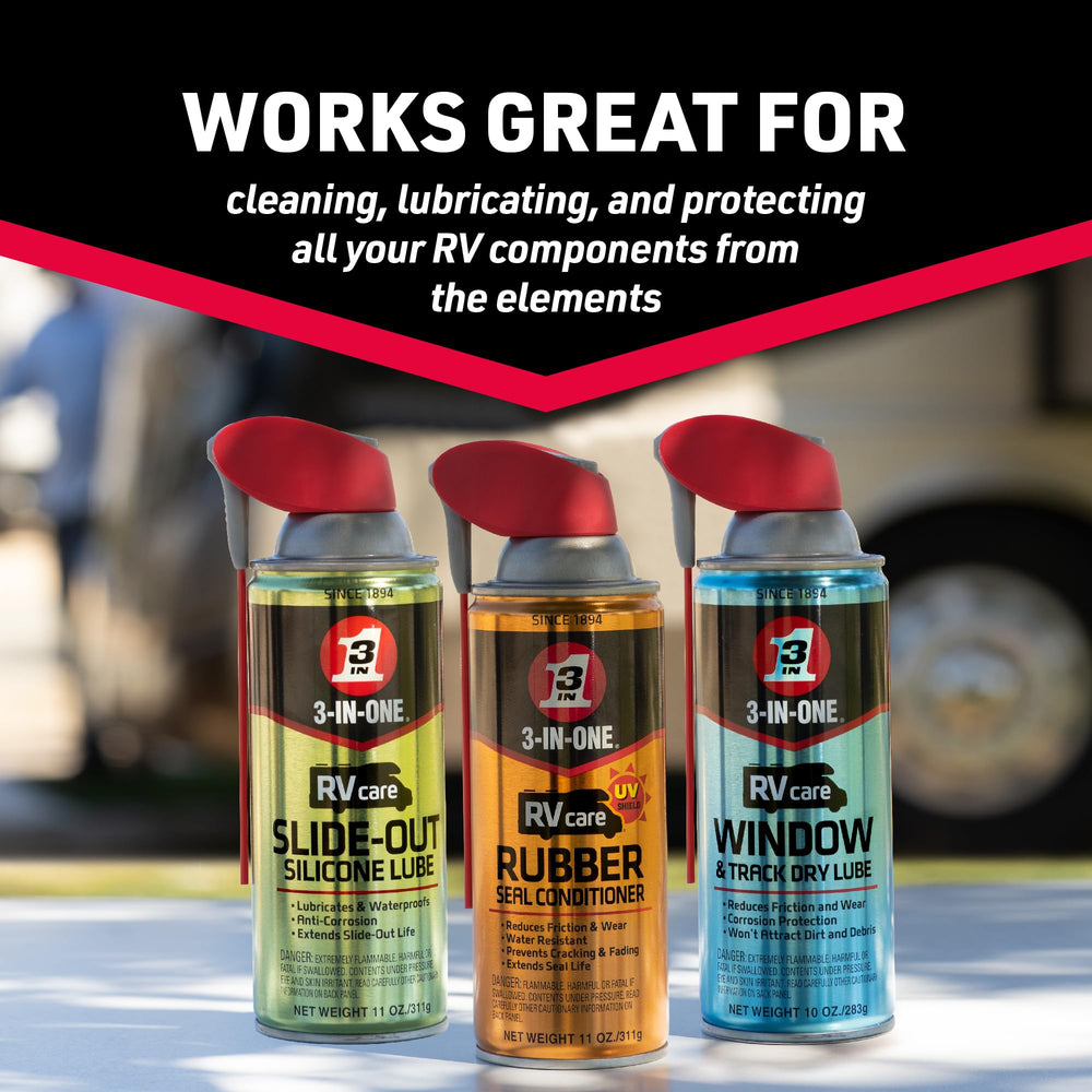 3-IN-ONE cans beside camping gear demonstrating compact maintenance convenience
