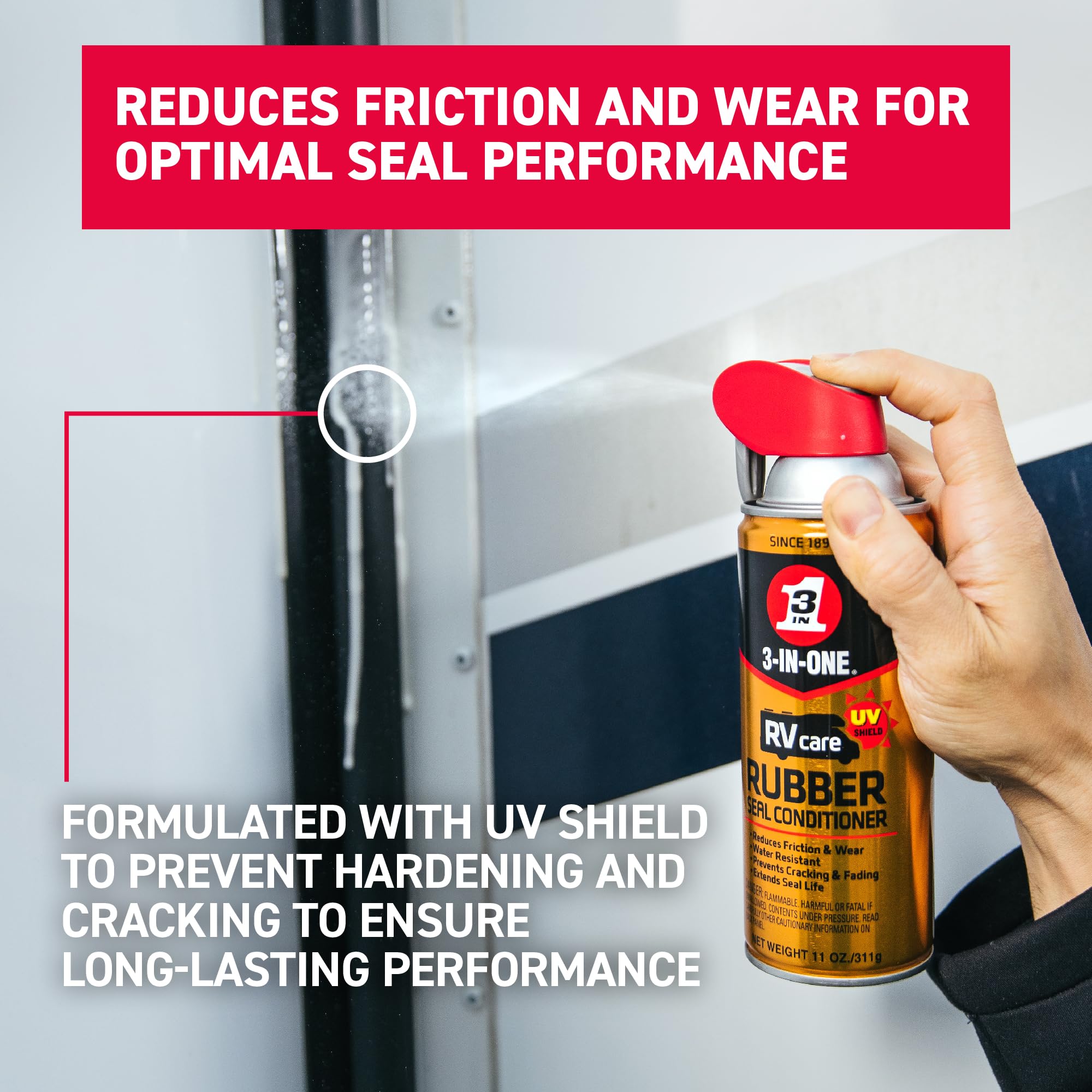 3-IN-ONE conditioner on rubber seal restoring flexibility and protection