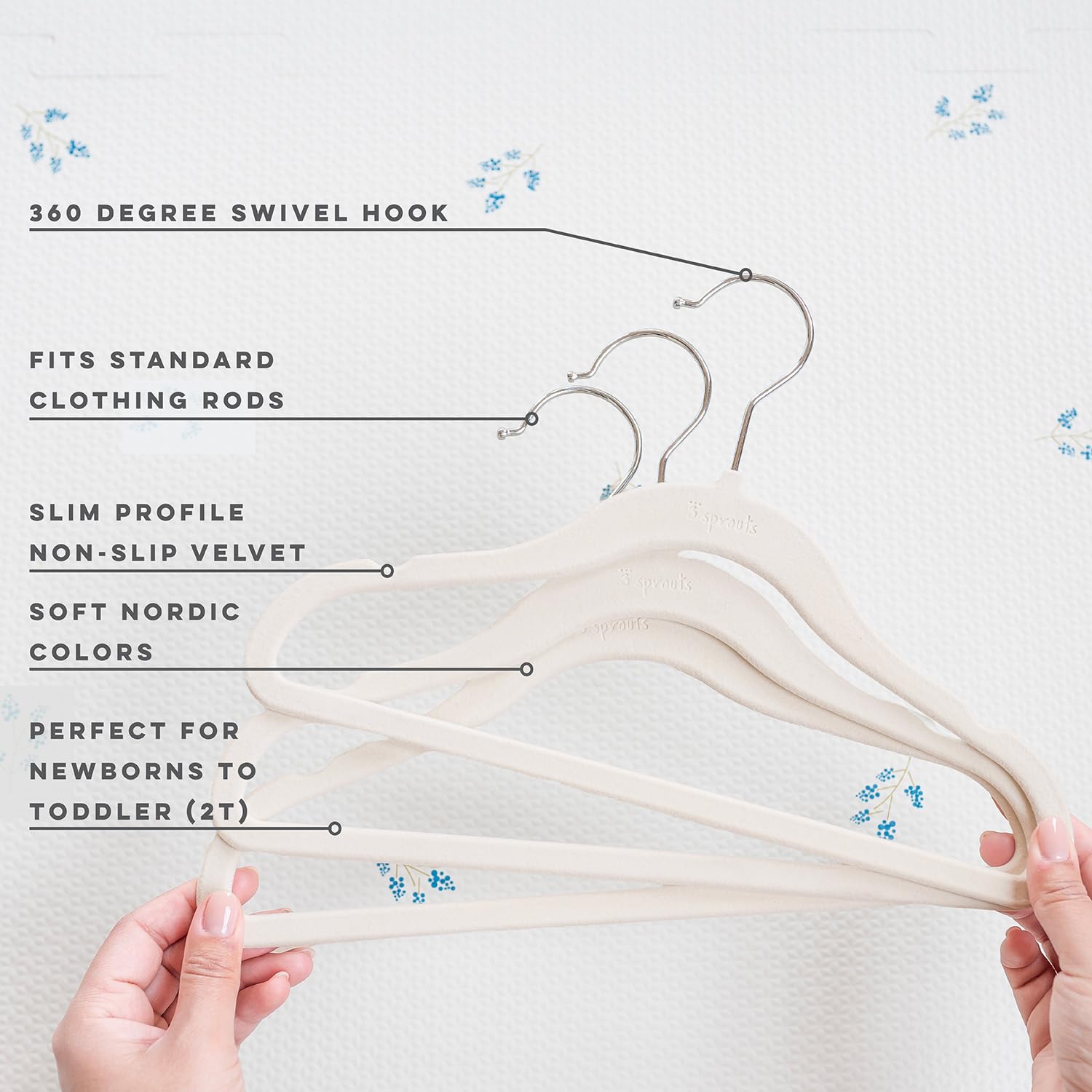 3 Sprouts metal swivel hook detail, smooth 360-degree access benefit