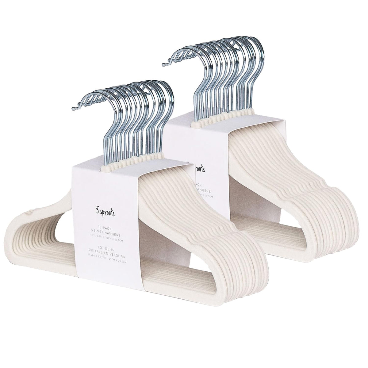 3 Sprouts front packaging showing 30 cream velvet hangers, tidy storage benefit