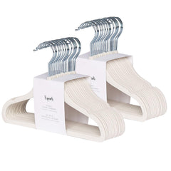 3 Sprouts front packaging showing 30 cream velvet hangers, tidy storage benefit