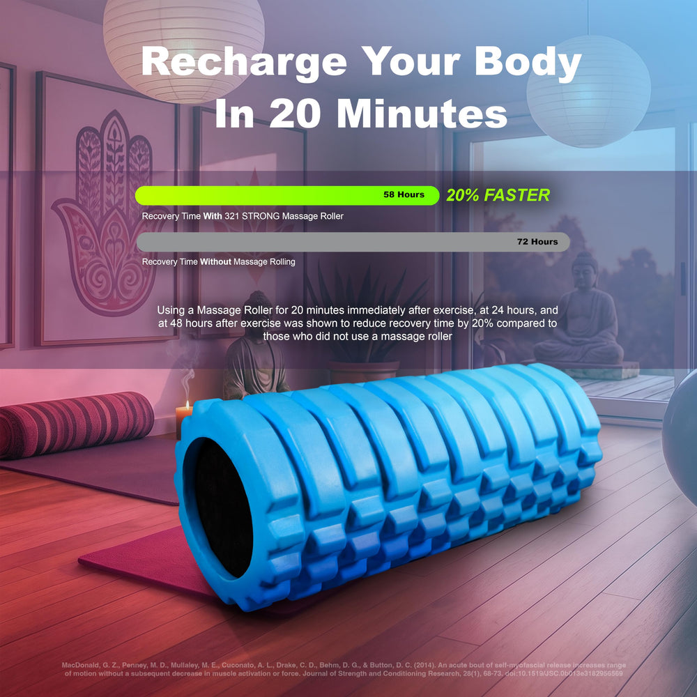 321 STRONG used by athlete in gym demonstrating deep tissue rolling for faster recovery