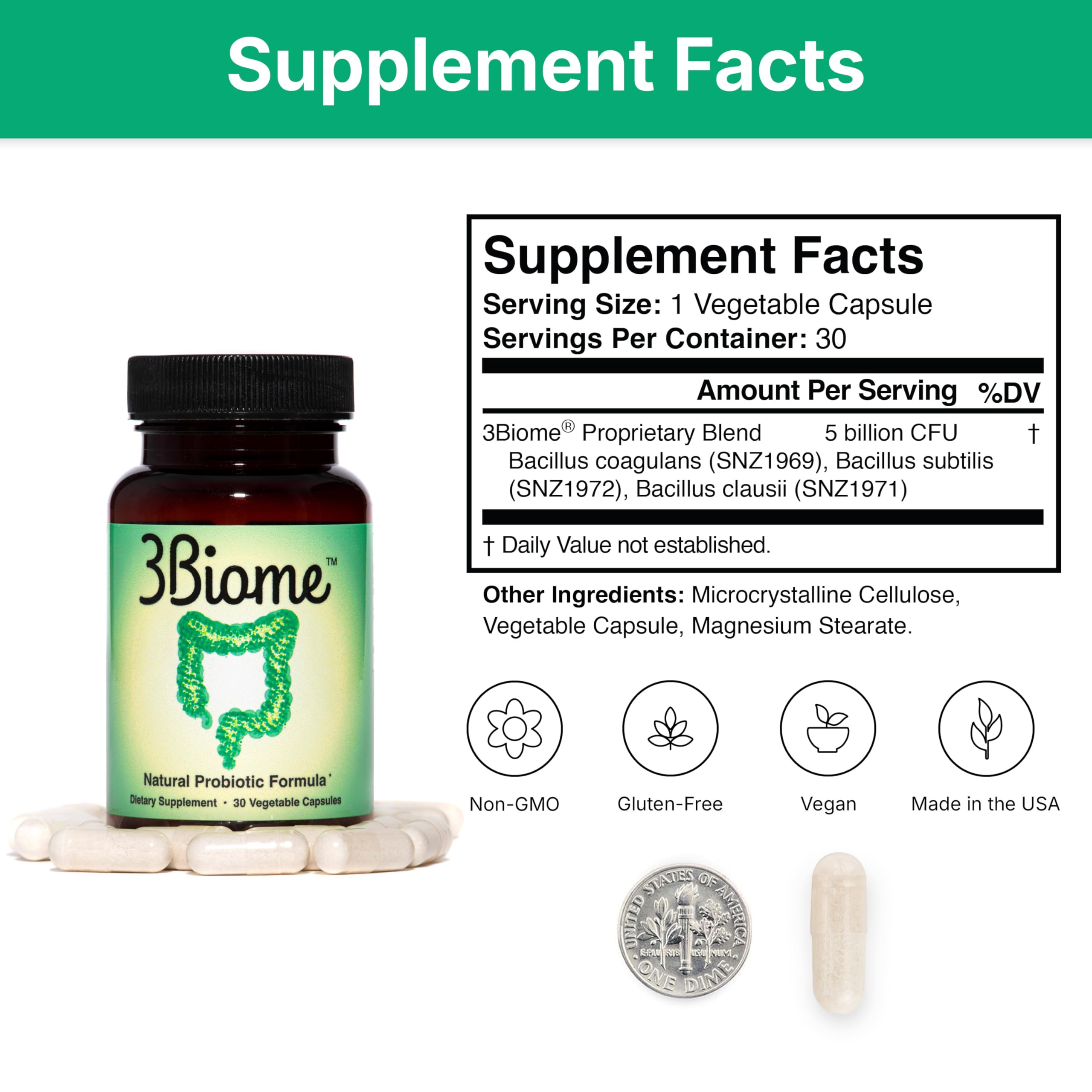 Open 3Biome bottle with capsules visible to demonstrate product readiness and stability