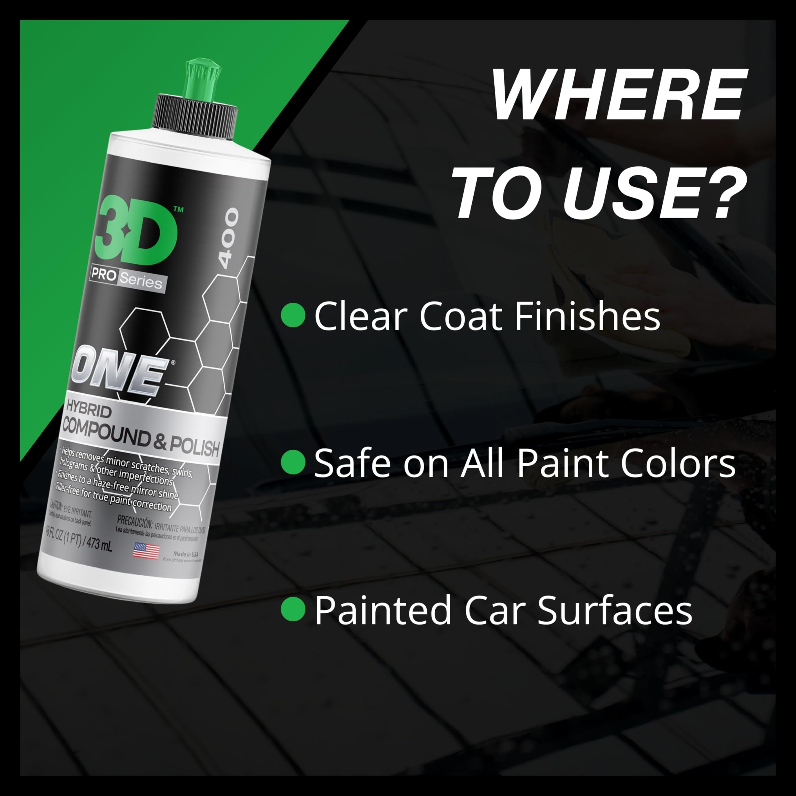 3D bottle staged with car in garage showing professional-grade results