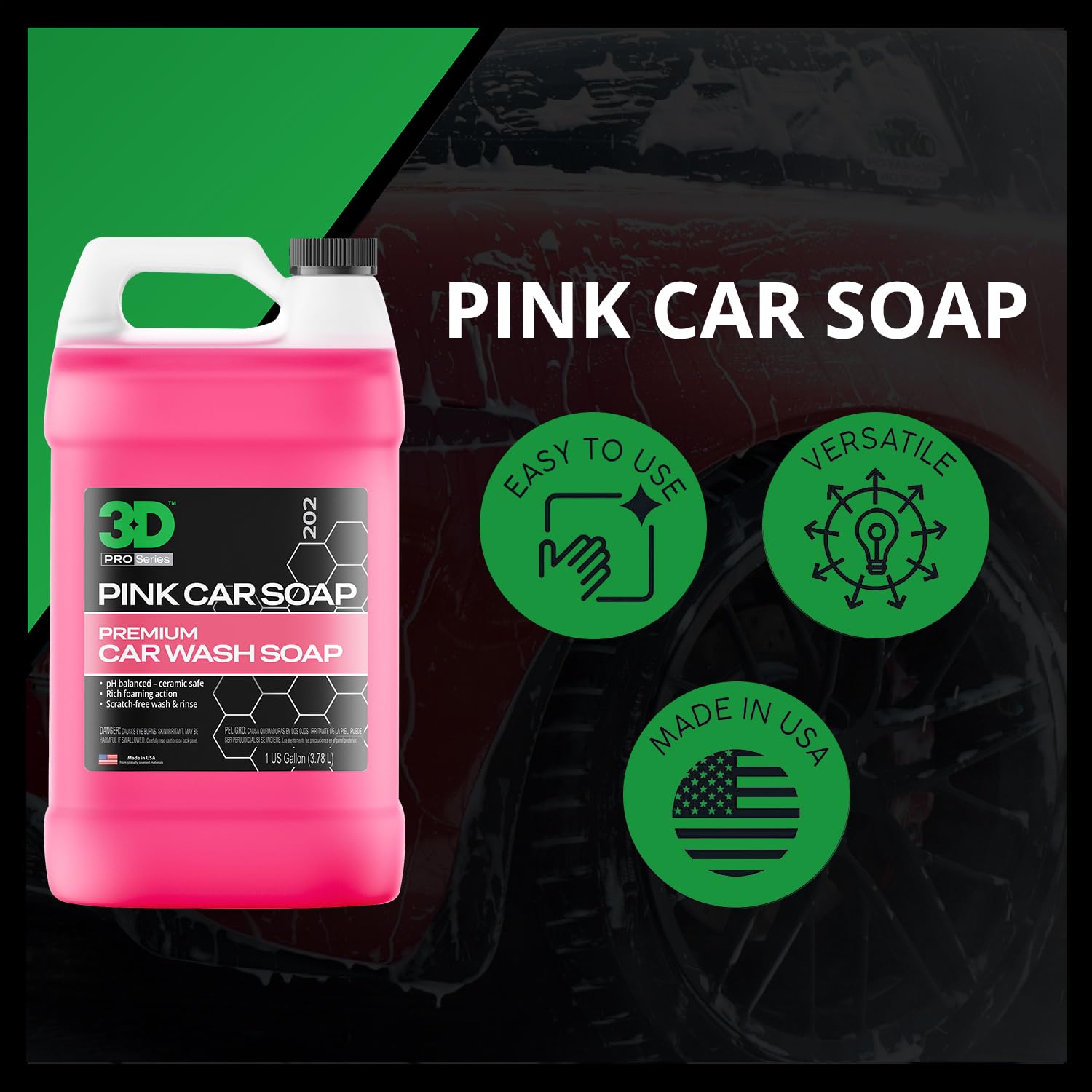 3D pink car soap with made in usa badge highlighting domestic manufacture