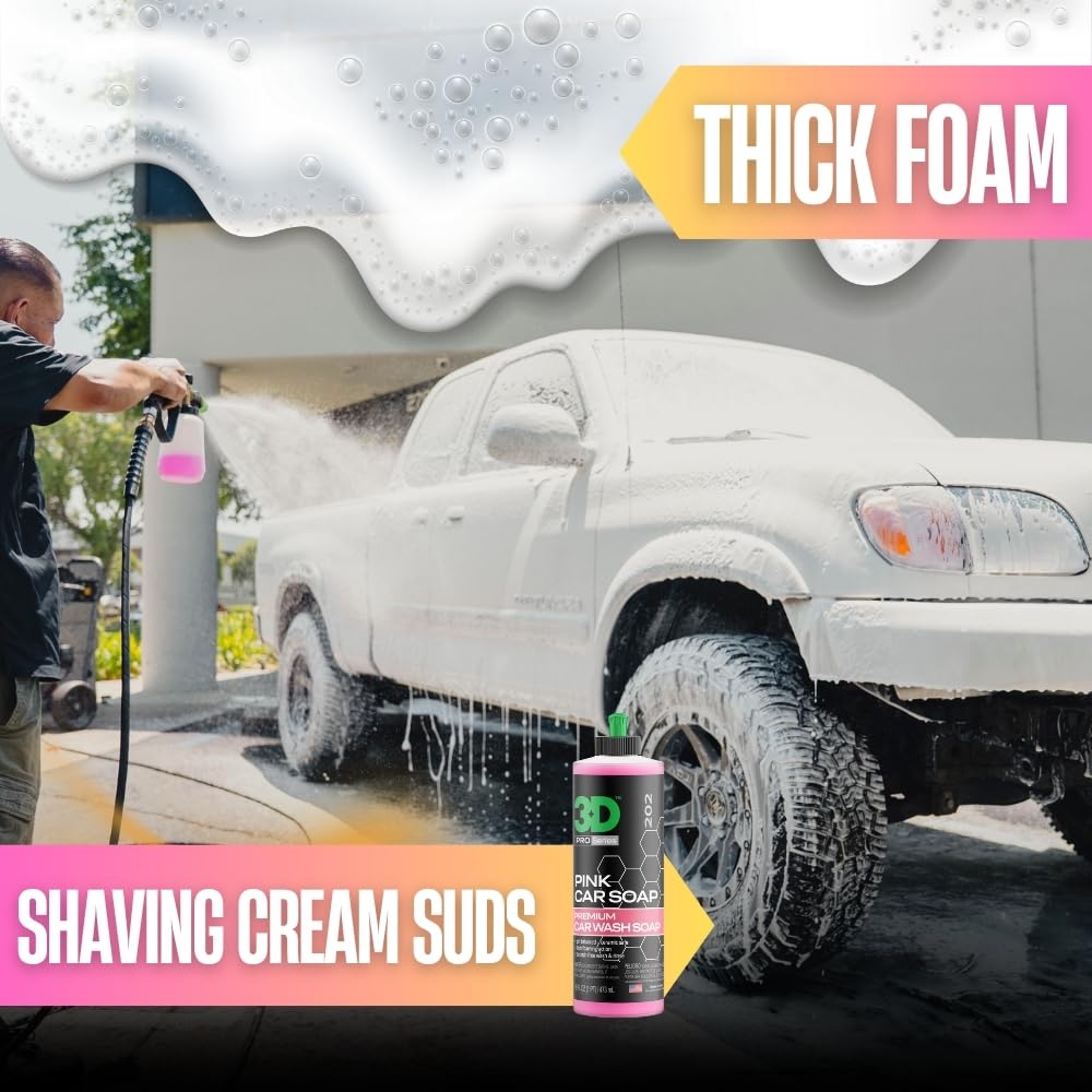 3D pink car soap being poured into a wash bucket for concentrated mixing