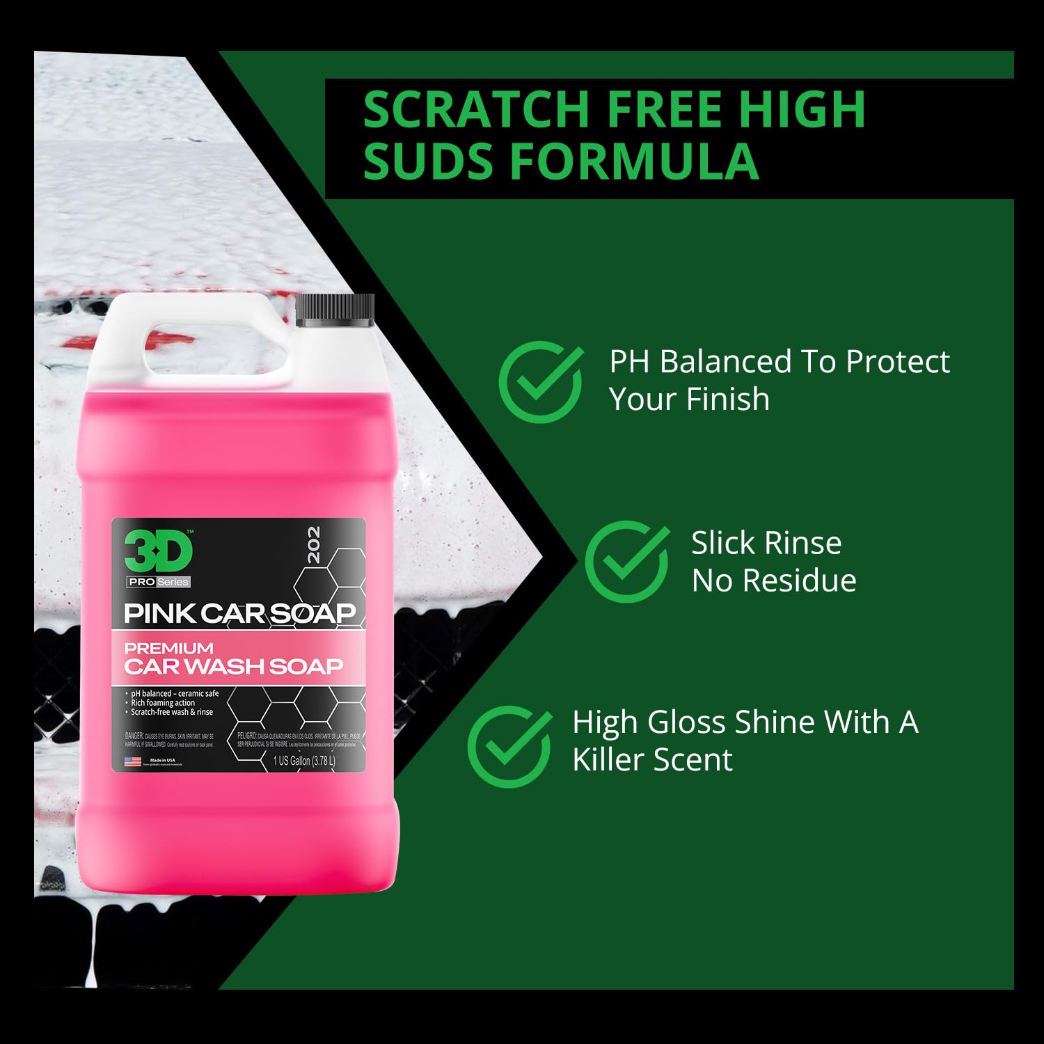 3D pink car soap rinsed off car showing high gloss reflective finish