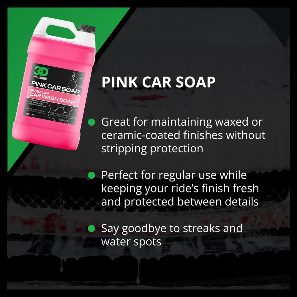 3D pink car soap gallon next to common objects to show size and capacity
