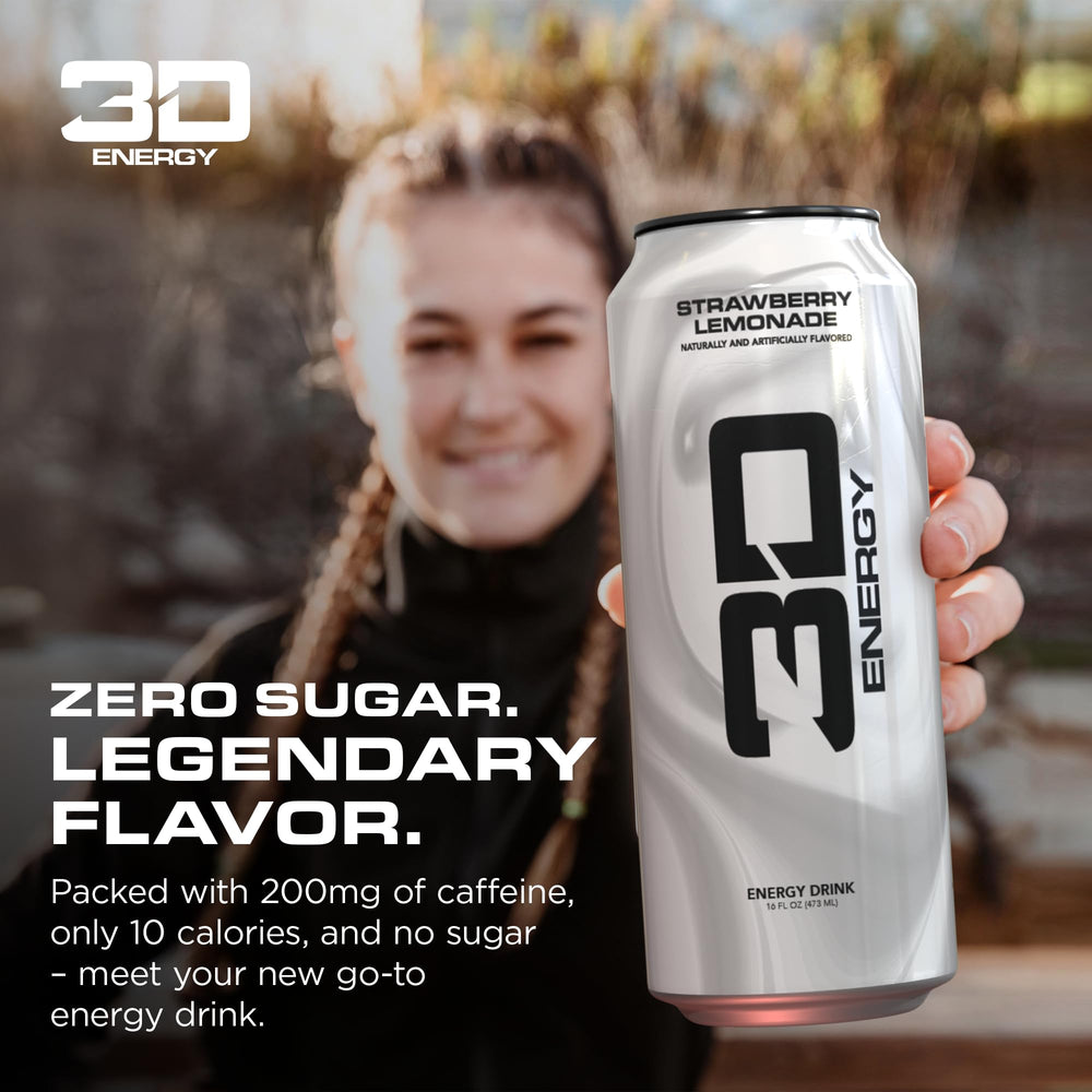 3D Strawberry Lemonade side label highlighting 200 mg caffeine and sugar-free benefit