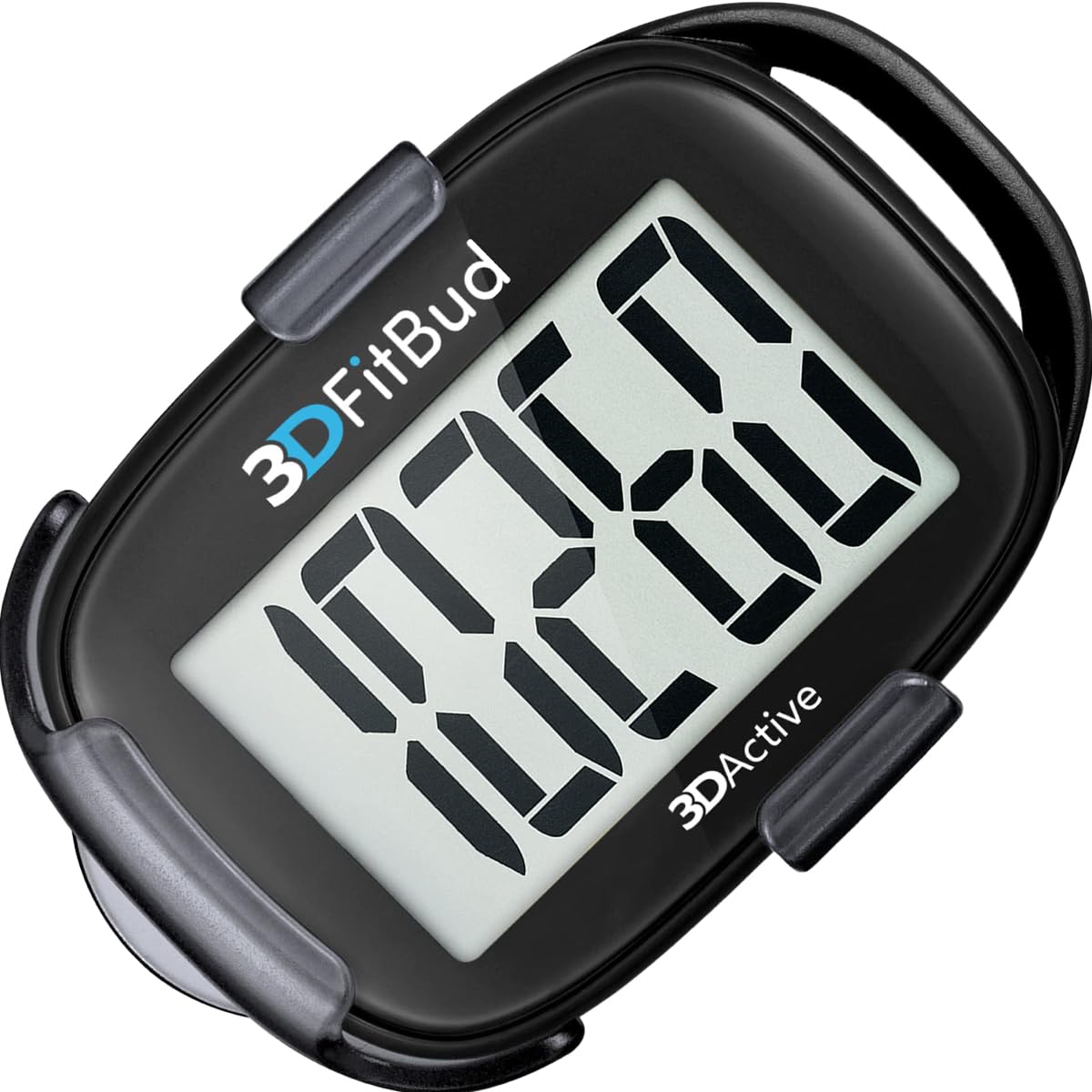 3DActive 3DFitBud front view showing black pedometer and clip for easy steps tracking