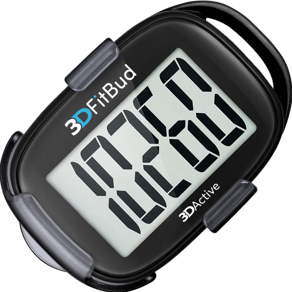 3DActive 3DFitBud front view showing black pedometer and clip for easy steps tracking