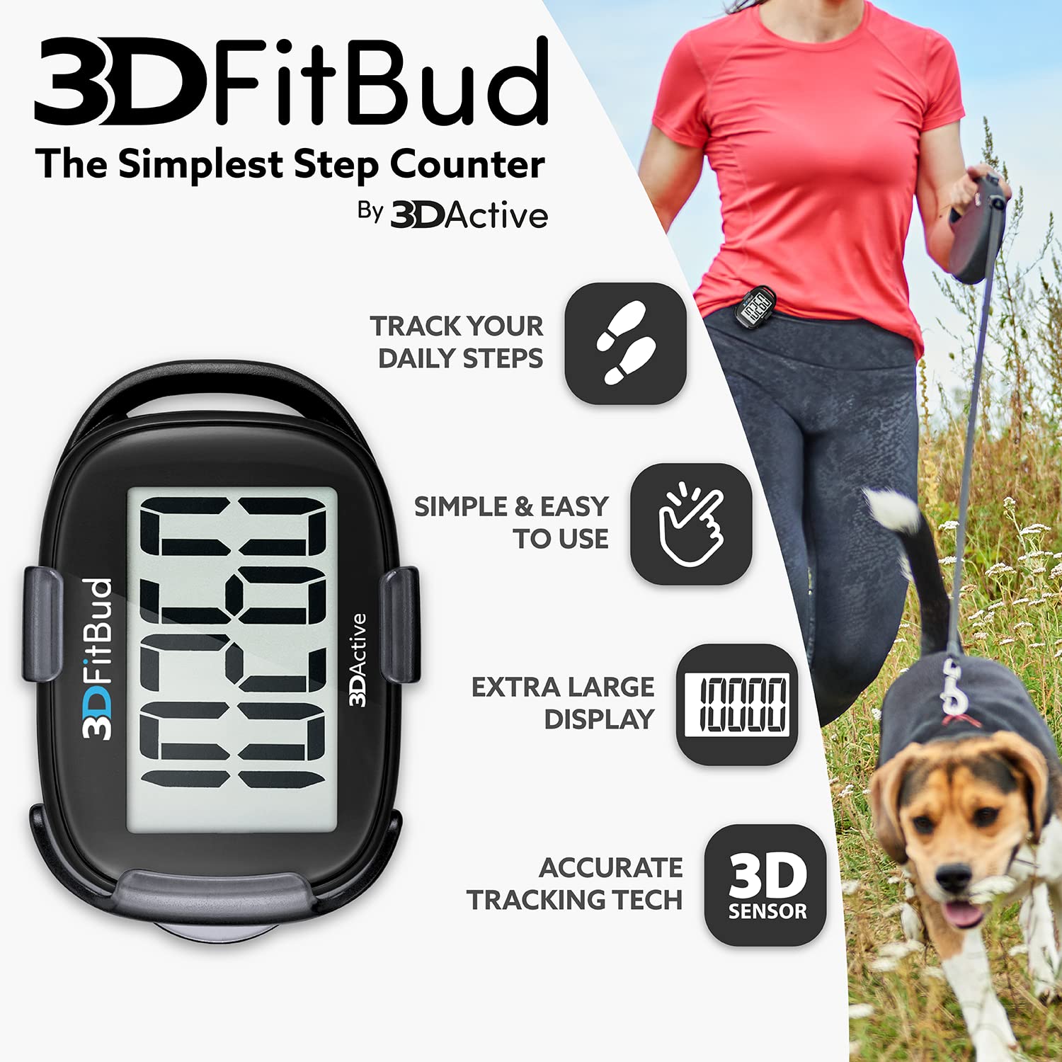 3DActive 3DFitBud large digital display close-up for quick, readable step counts