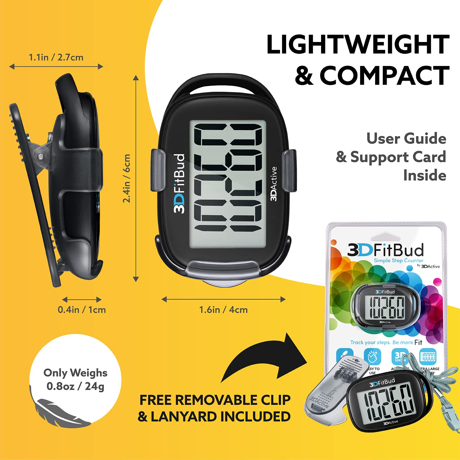 3DActive 3DFitBud next to a smartphone for size comparison and portable step tracking
