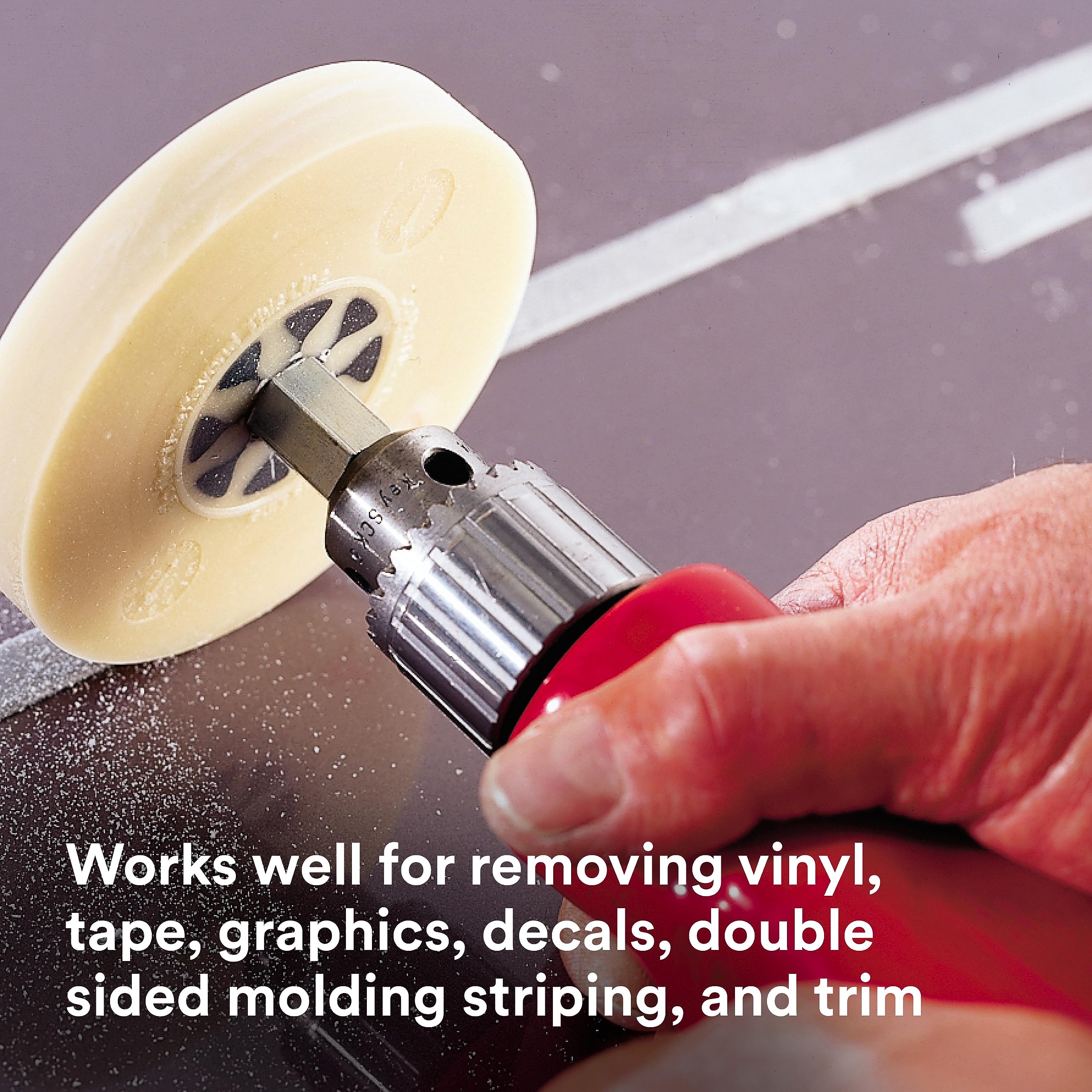 3M Stripe Off mounted on a drill illustrating easy attachment and faster work