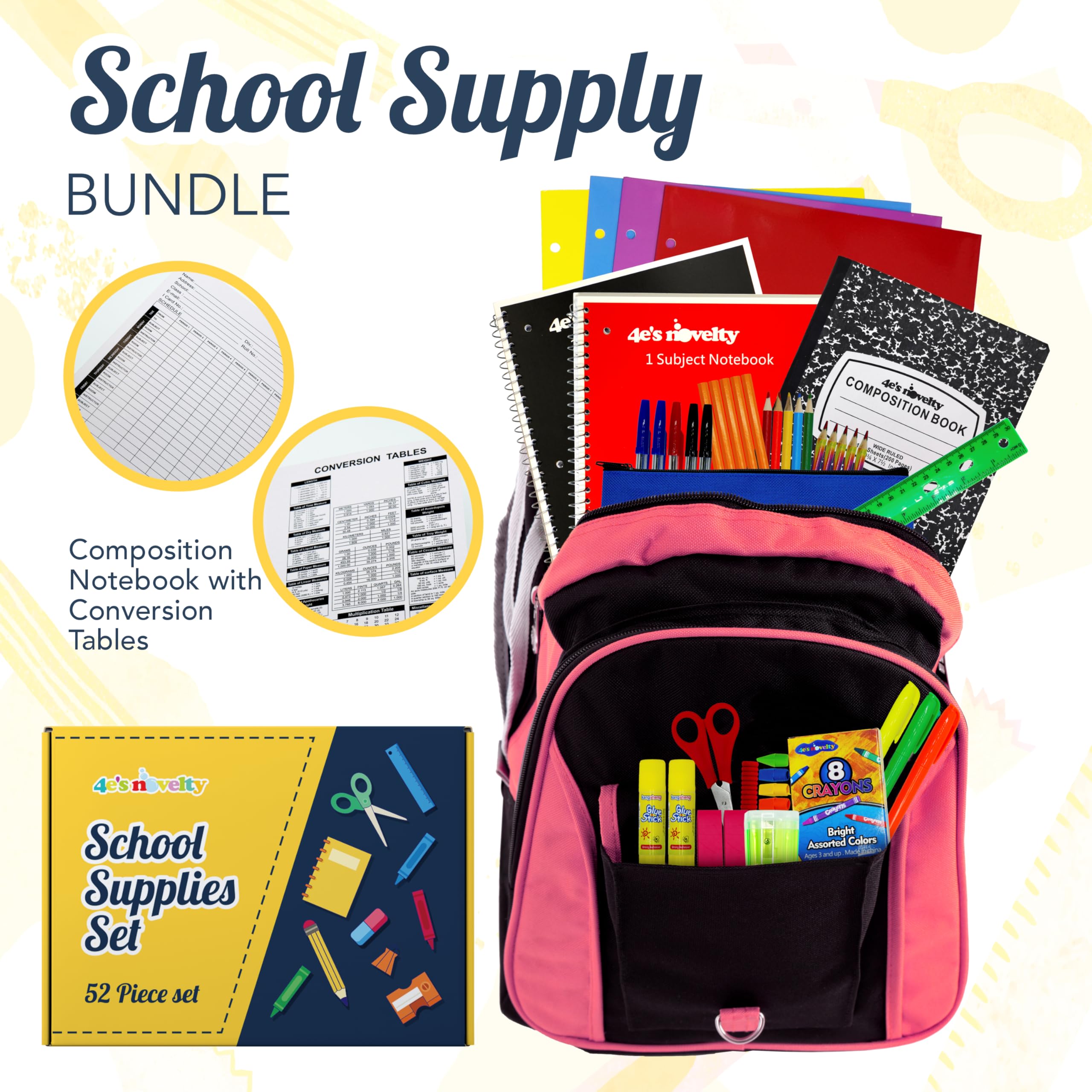 4E's Novelty notebooks and folders laid out to show easy subject organization
