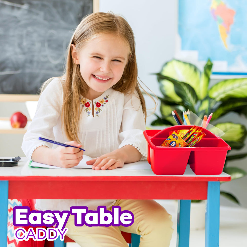4E's Novelty stacked caddies on shelf saving classroom storage space