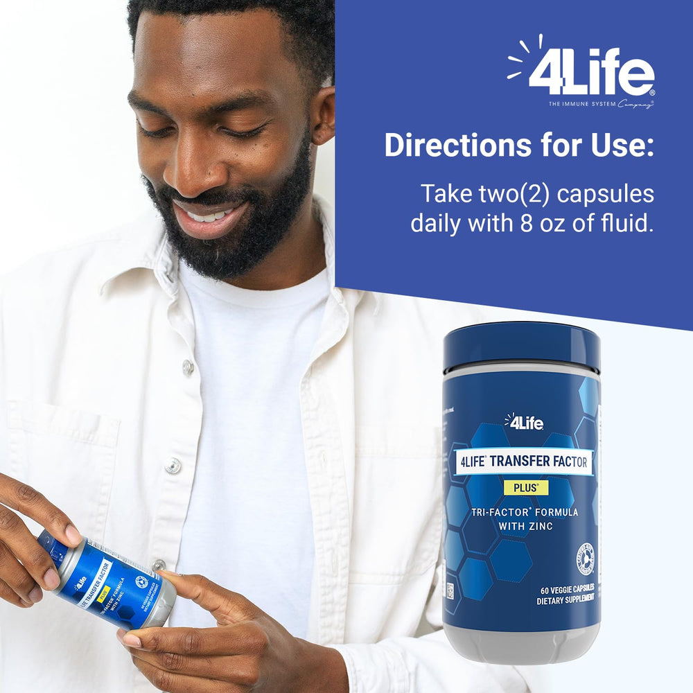 4Life bottle beside measuring spoon showing serving size and routine benefit