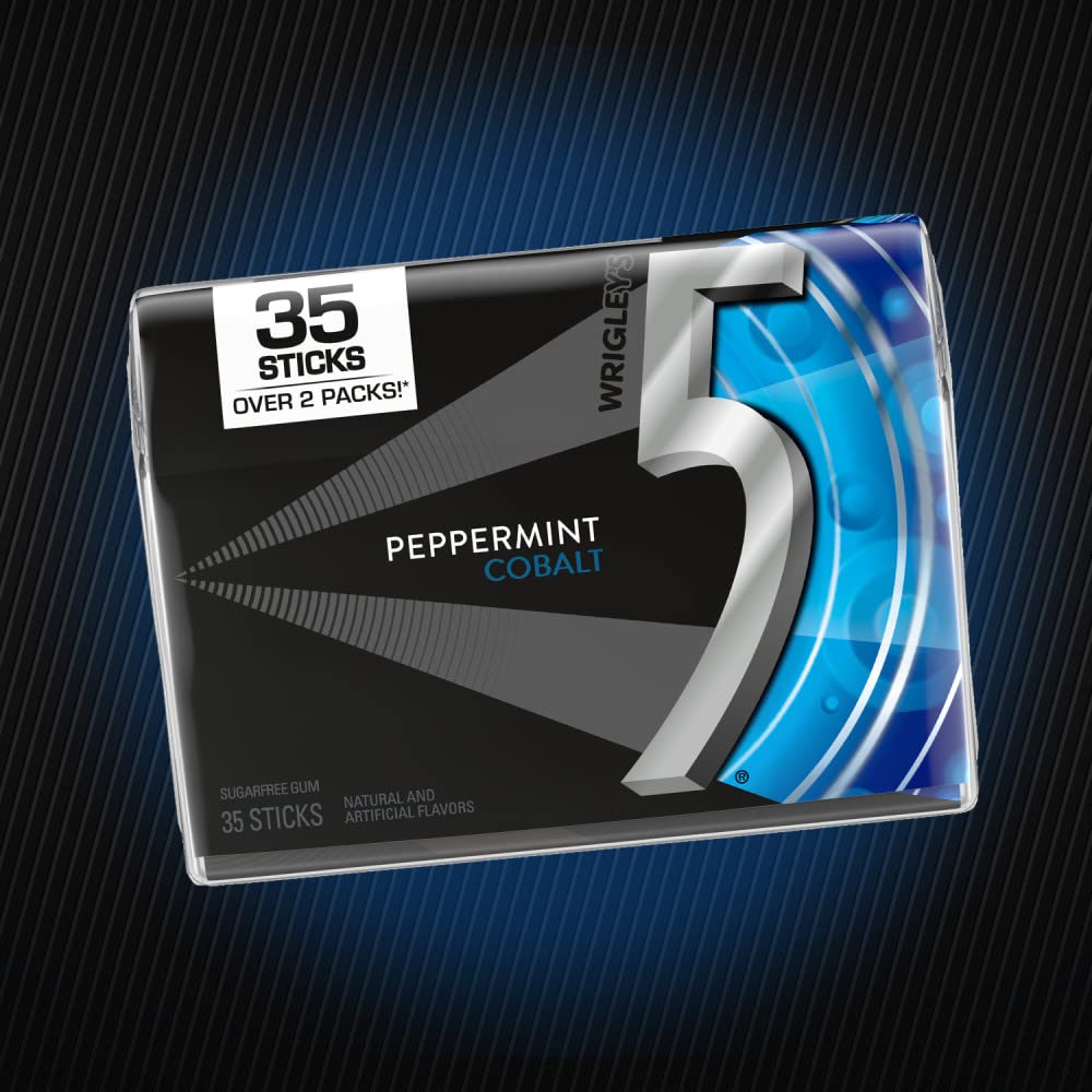 5 Gum Peppermint Cobalt pack beside sunglasses showing compact size for travel