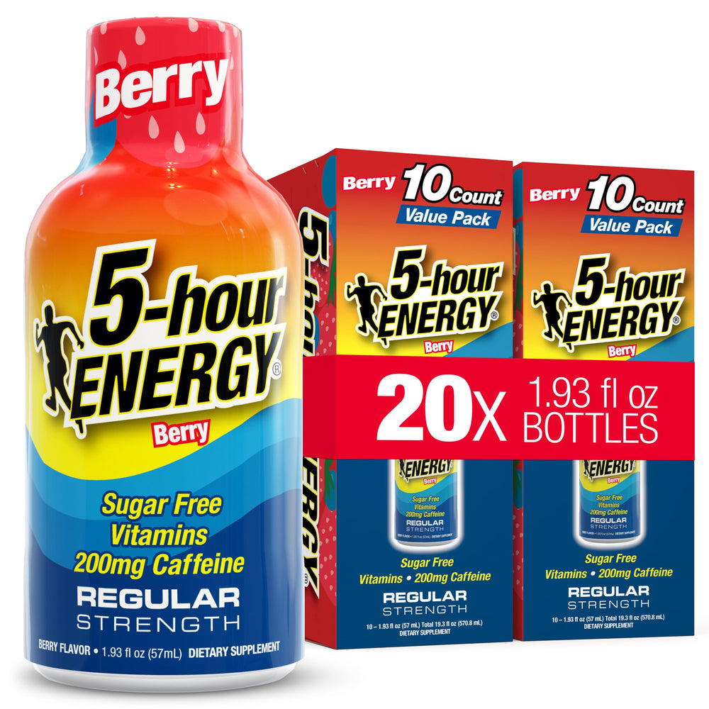 5-hour ENERGY front packaging showing berry flavor and 20-count convenience