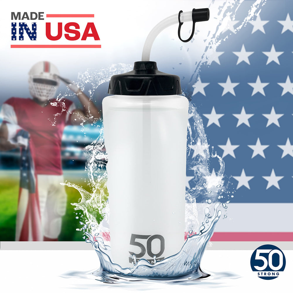 50 Strong bottle in athlete's hand on sports bench showing easy access