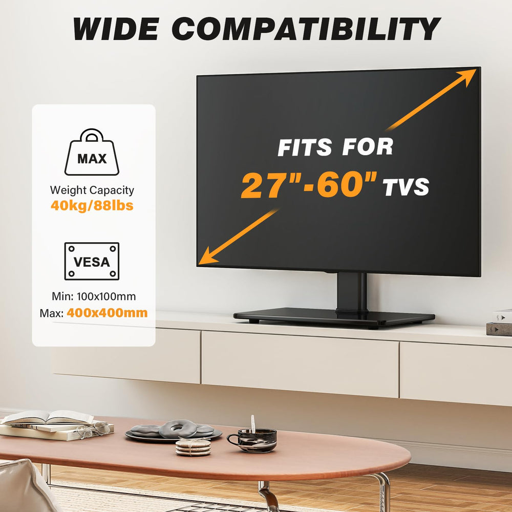 5Rcom next to TV showing scale compatibility with 27–60 inch screens