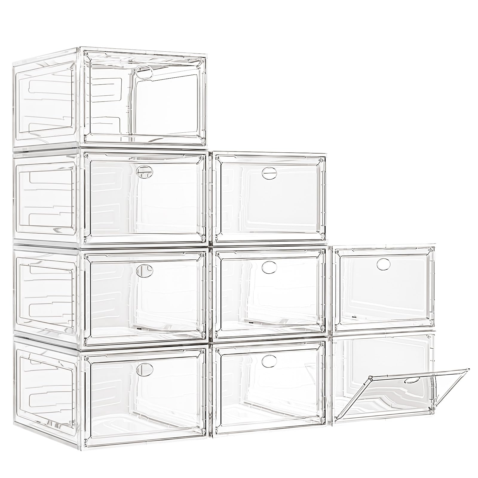 7 code front view of nine clear shoe boxes showing neat, visible storage