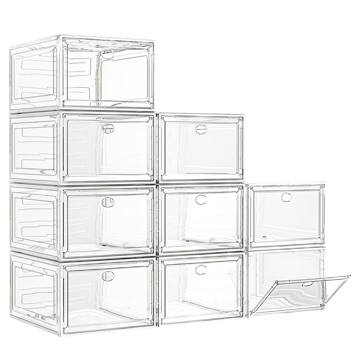 7 code front view of nine clear shoe boxes showing neat, visible storage