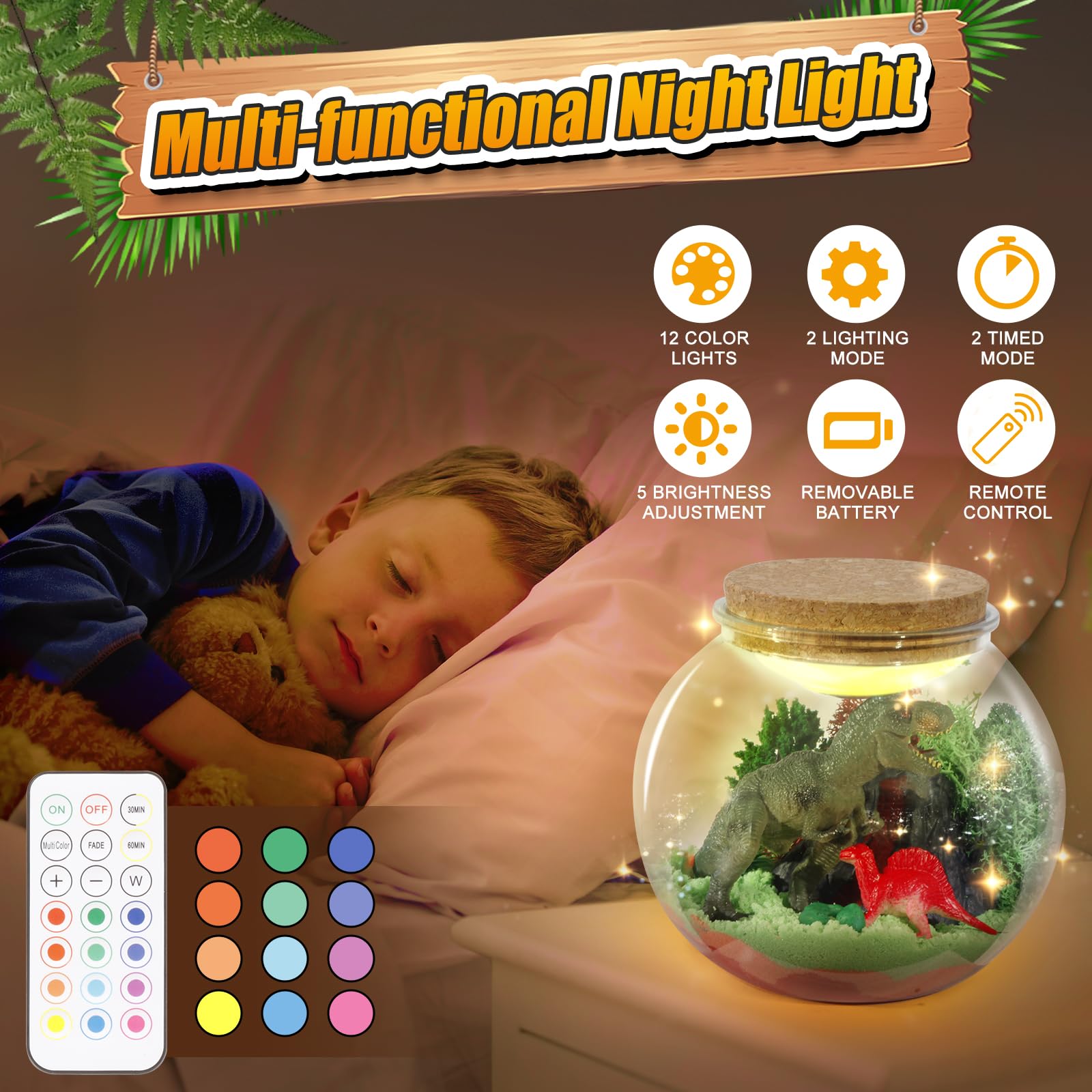 7july LED night light glowing inside terrarium for calming ambiance