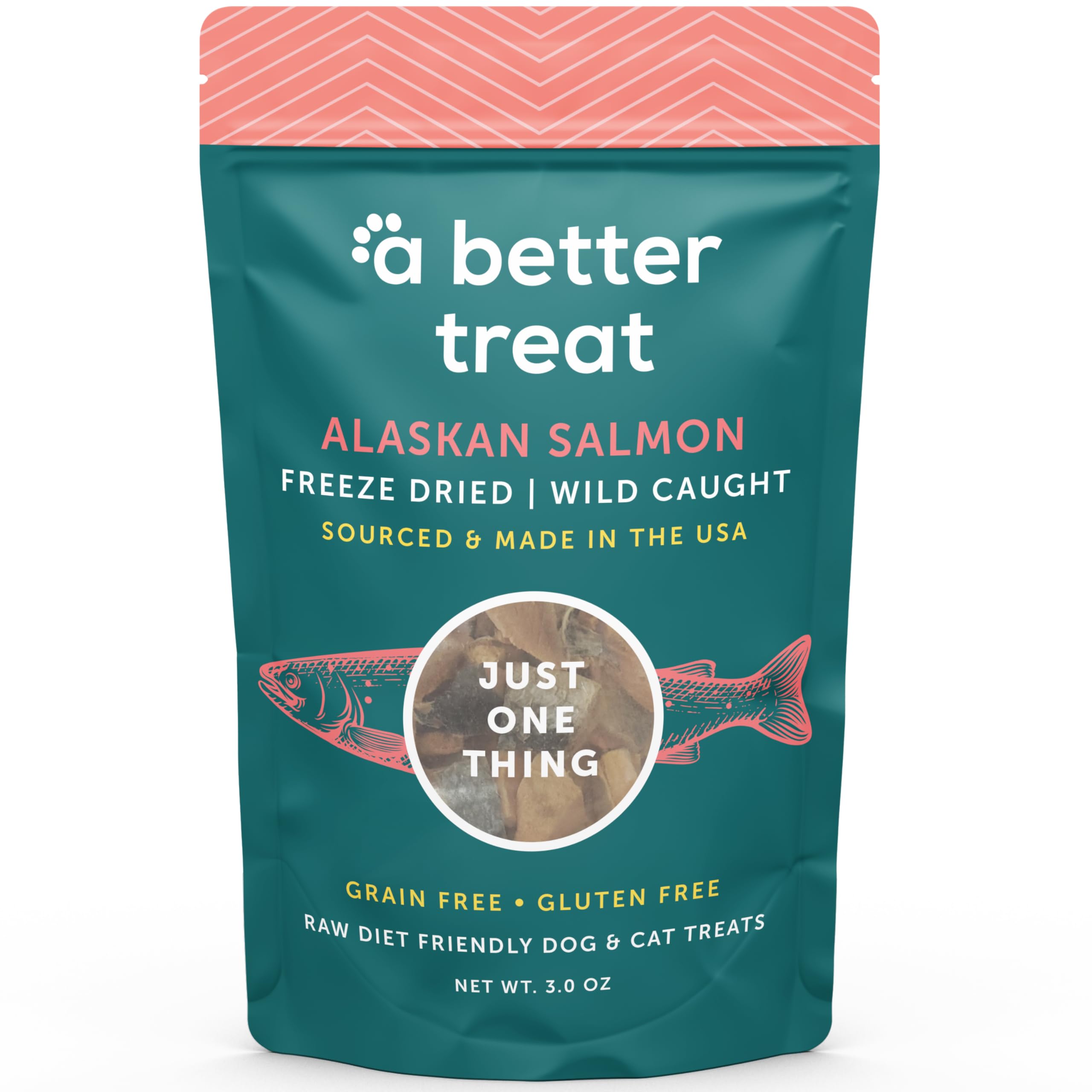 A Better Treat front packaging showing wild-caught salmon, highlights purity and convenience