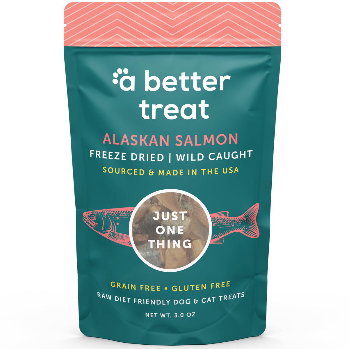 A Better Treat front packaging showing wild-caught salmon, highlights purity and convenience