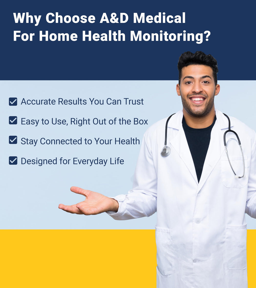 A&D Medical unit on bedside table showing convenient daily monitoring at home
