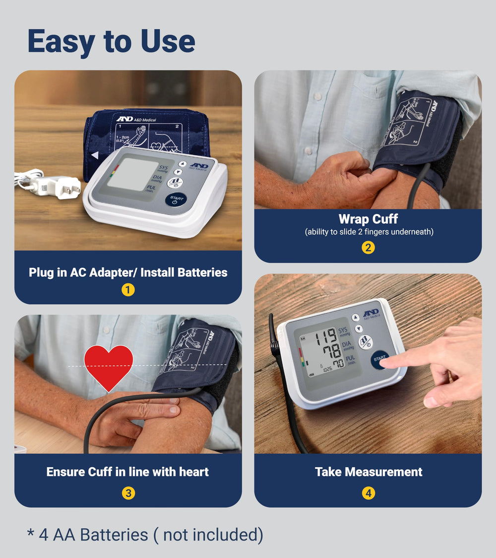 A&D Medical monitor in use on adult arm demonstrating easy one-button operation