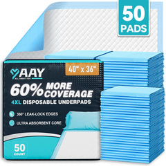 AAY front packaging showing 50-count extra large pads and clear product benefit