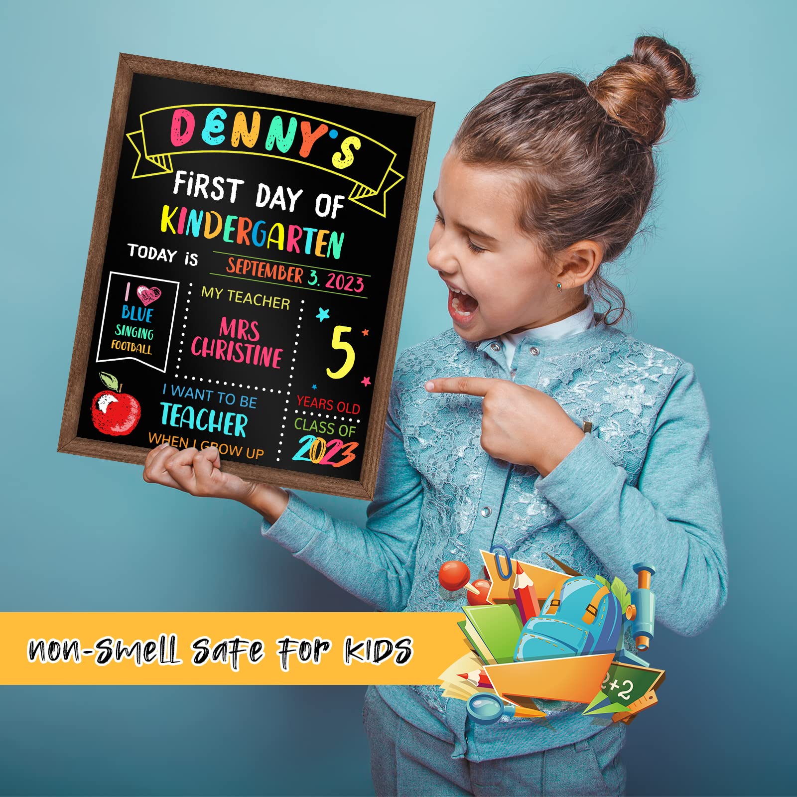 ABERLLS child holding sign for a photo to show ease of use and keepsake potential