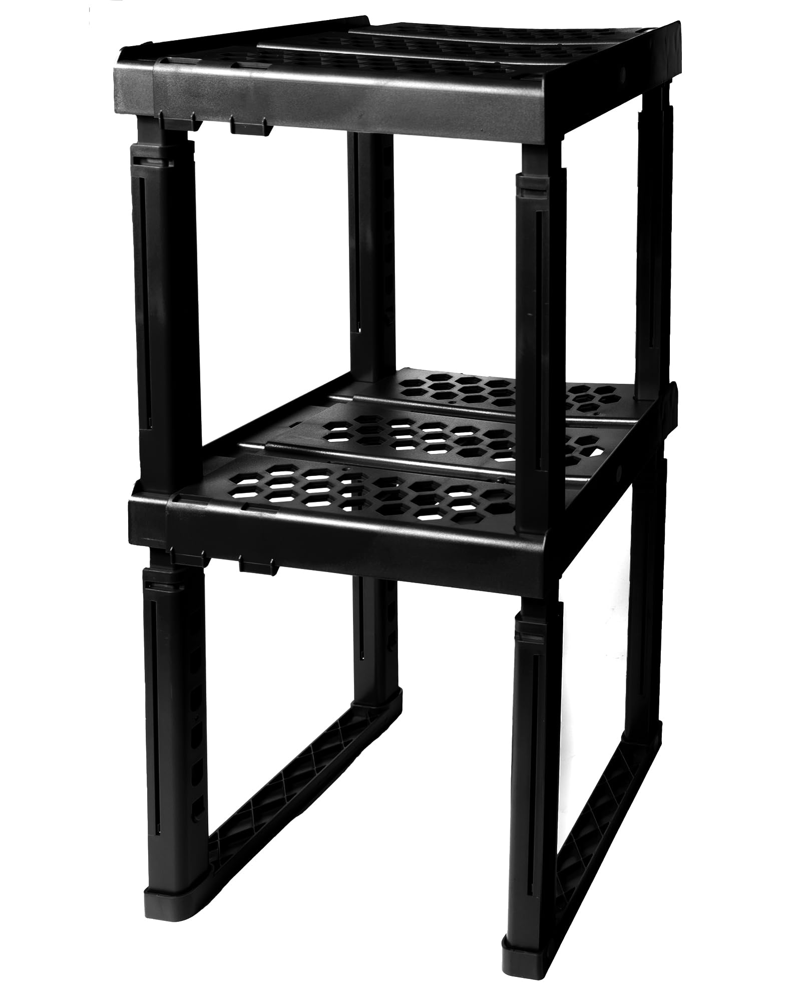 ABLinox front view of two black shelves neatly organizing locker contents and maximizing space