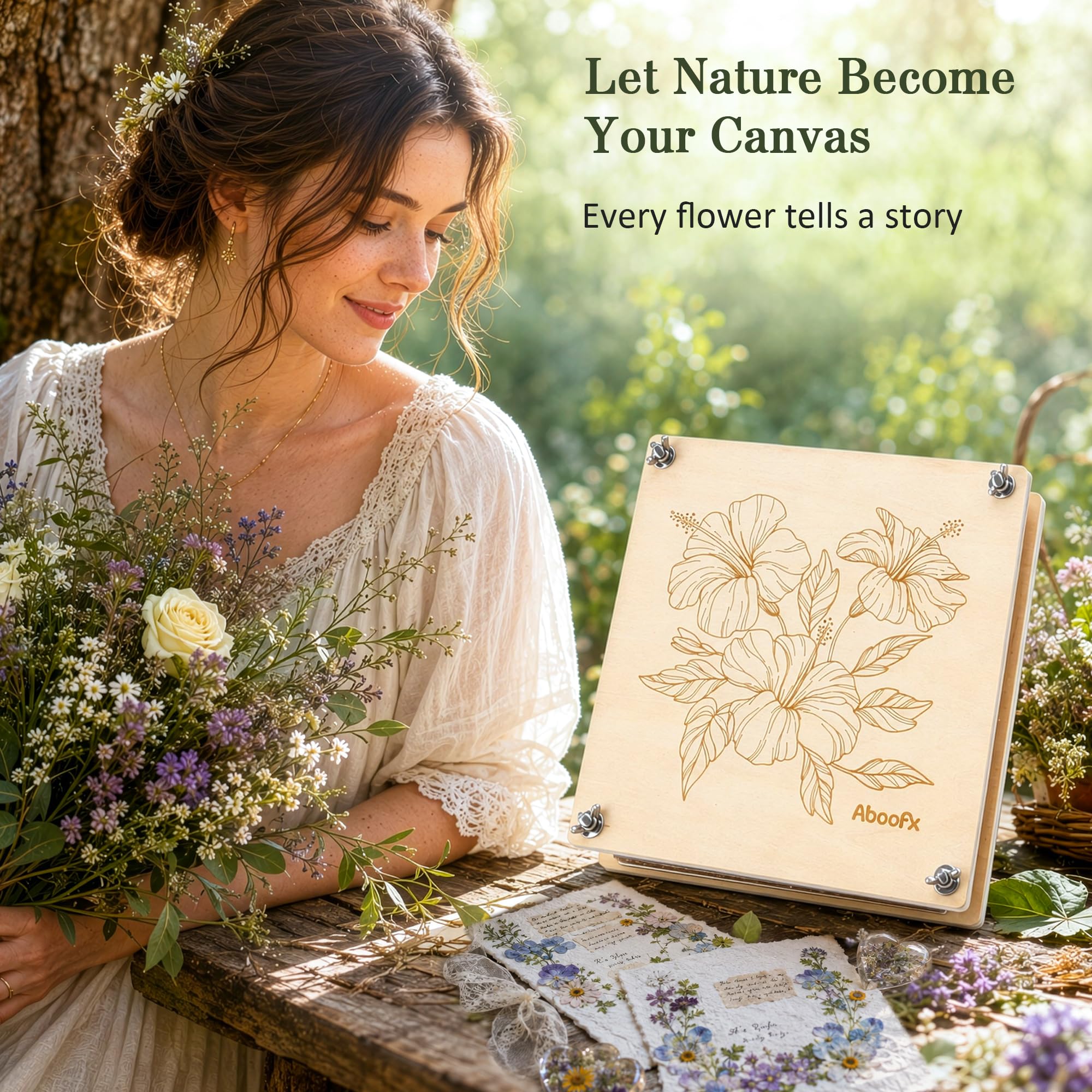 Aboofx flower press open to show ten cardboard layers and blotting papers for even drying