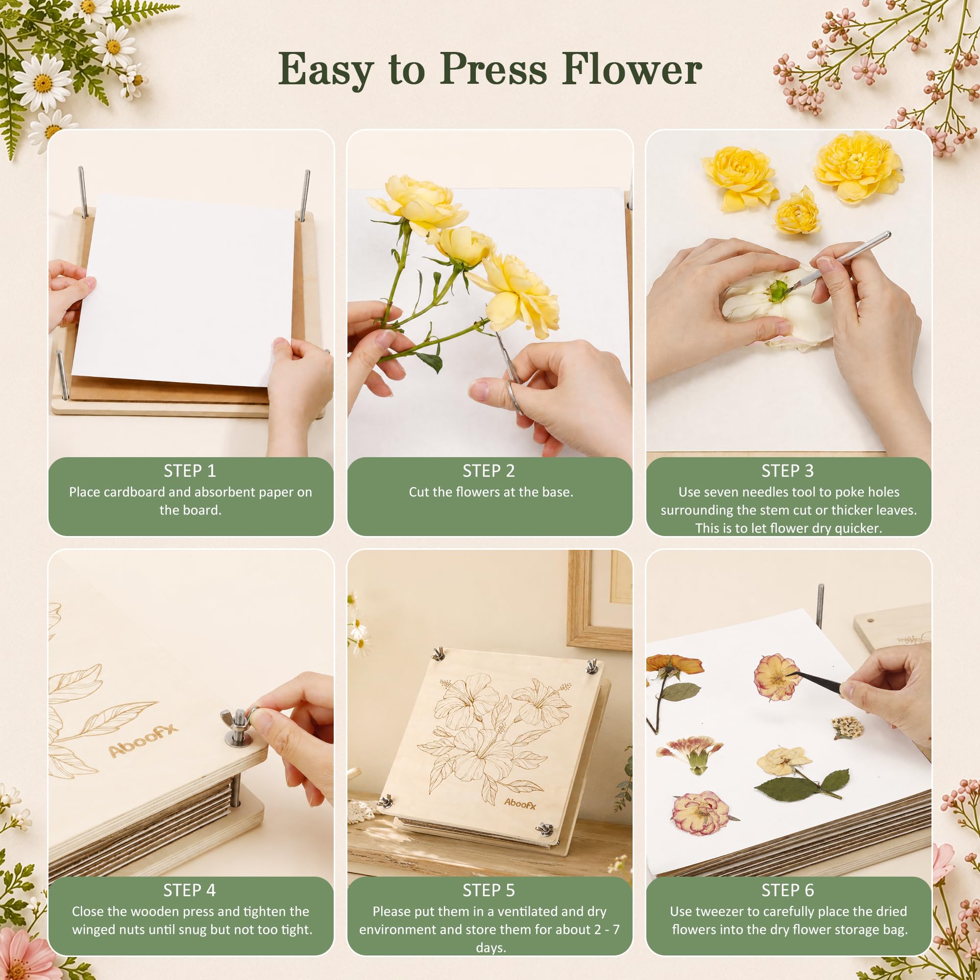 Aboofx included tools laid out—tweezers, scissors, knife and needle—for precise flower arranging