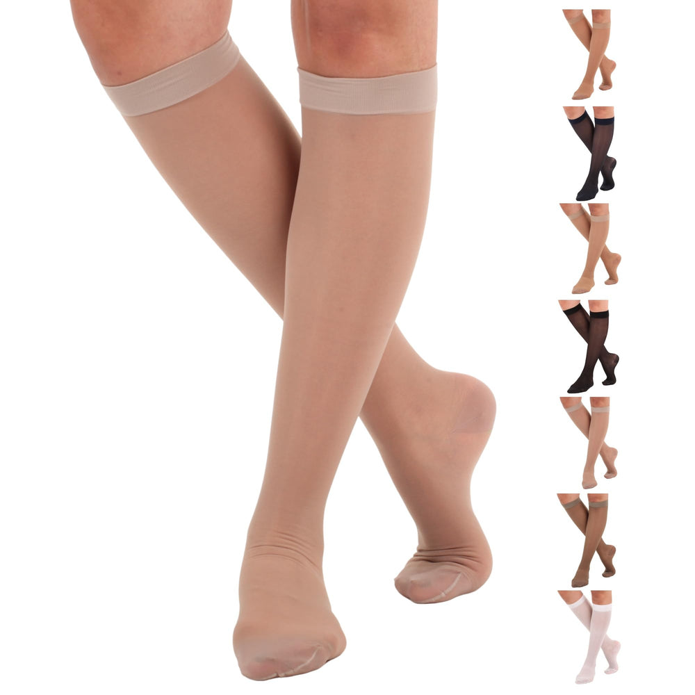 ABSOLUTE SUPPORT front view of nude medium socks showing sheer finish and elegant fit