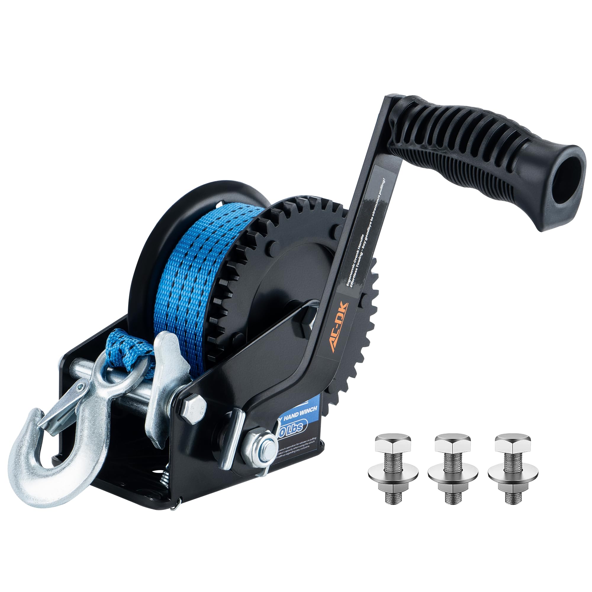 AC-DK front-mounted winch on trailer showing durable galvanized finish benefit