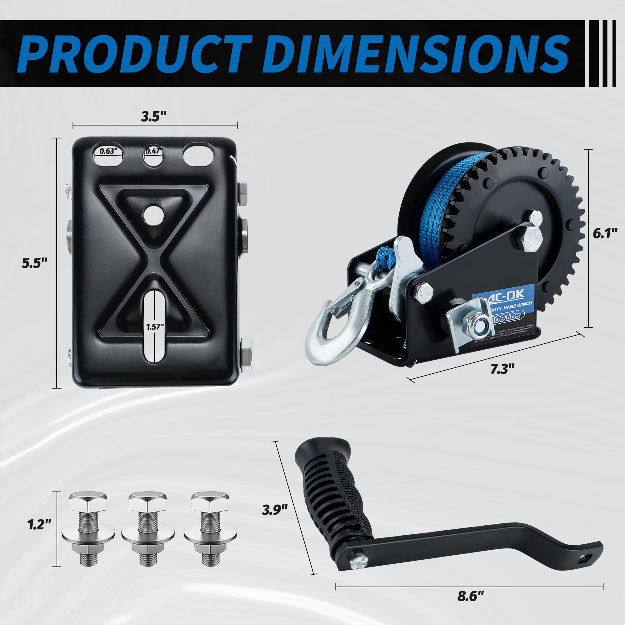AC-DK winch beside measuring tape showing compact size and installation fit benefit