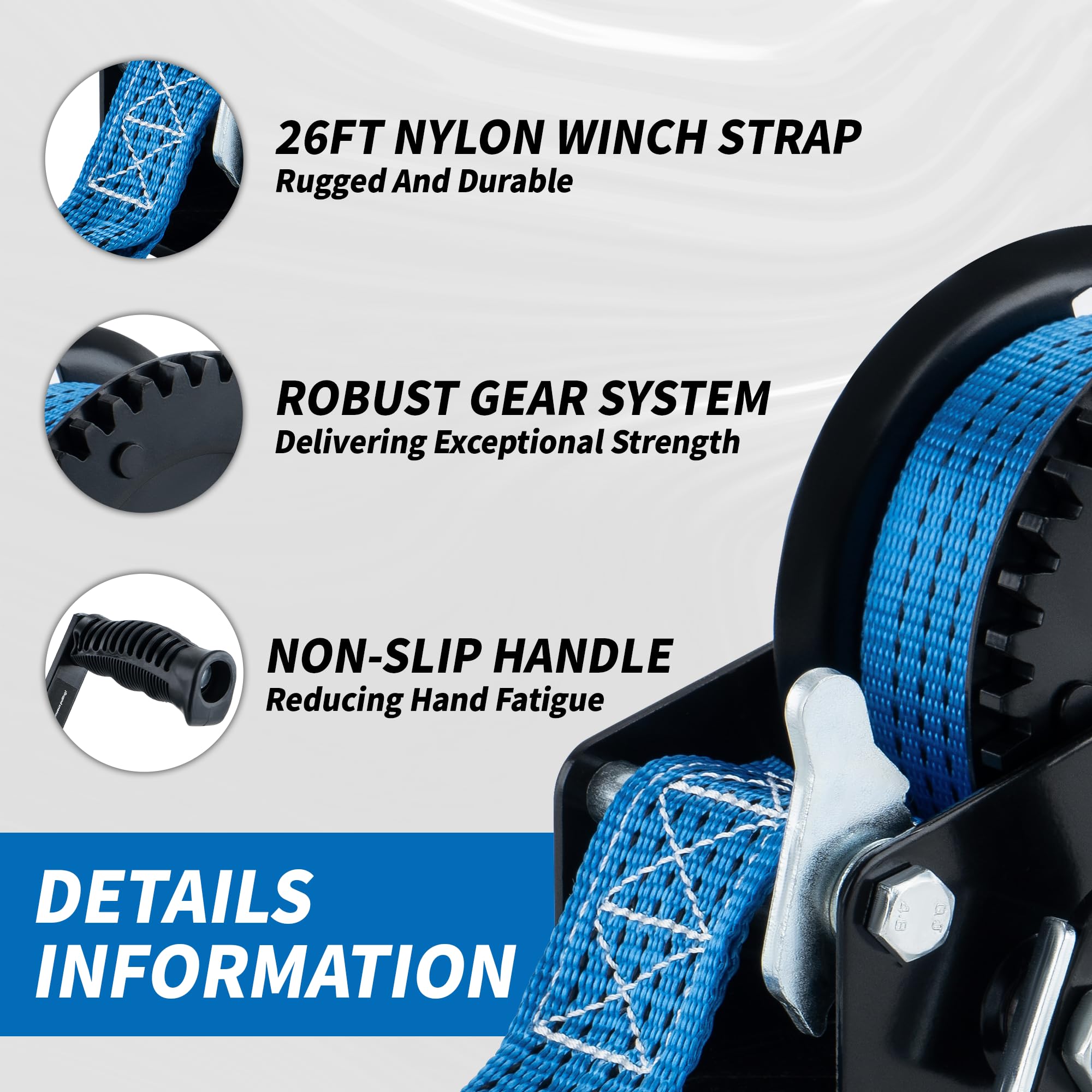 AC-DK 26ft blue polyester strap and stainless hook showing secure attachment benefit