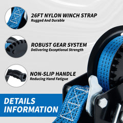 AC-DK 26ft blue polyester strap and stainless hook showing secure attachment benefit