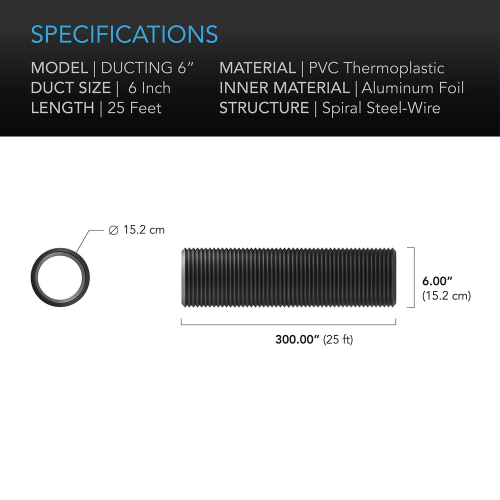 AC Infinity duct beside a ruler showing 25-foot length and 6-inch diameter for accurate sizing
