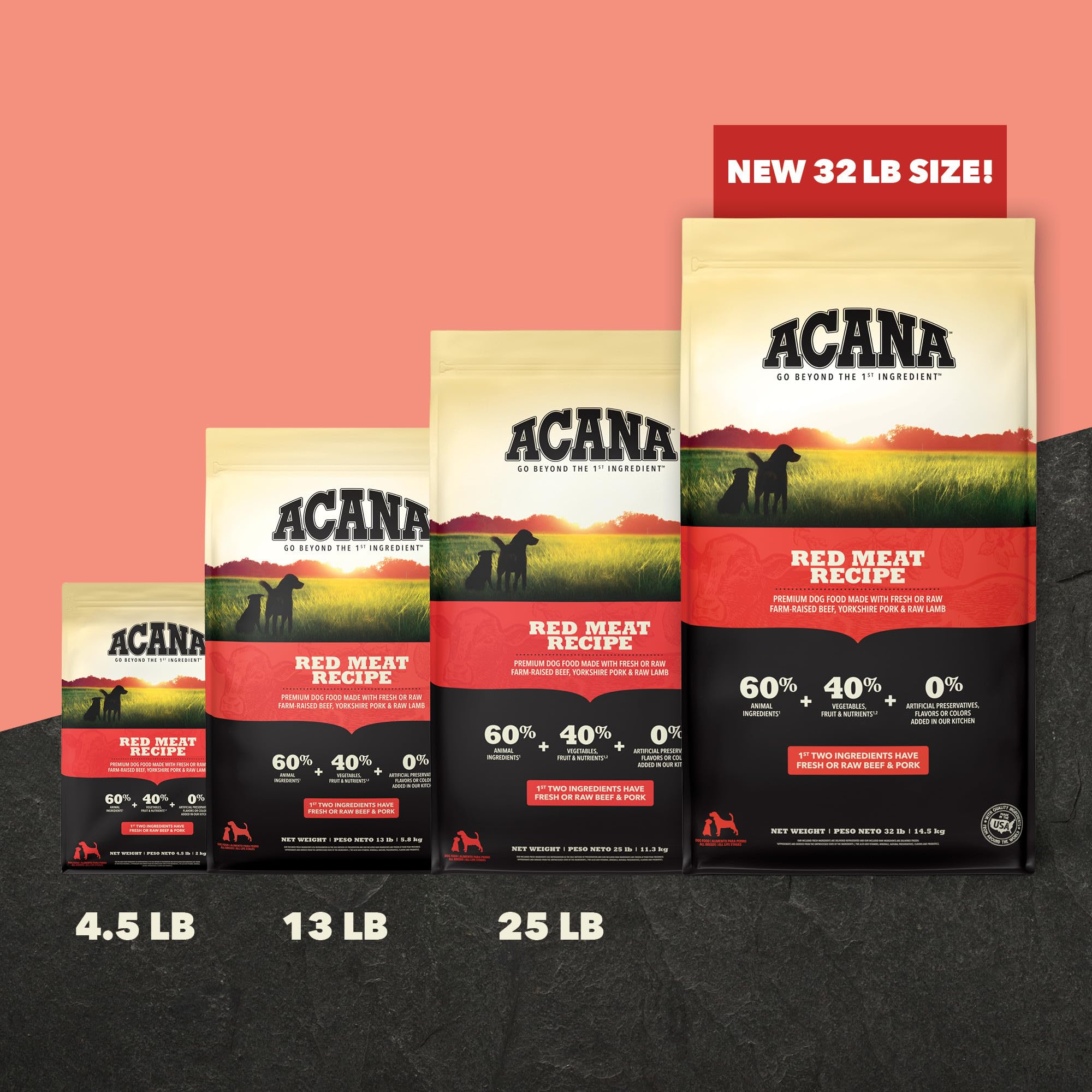 ACANA bag beside common objects showing 25 lb size and value
