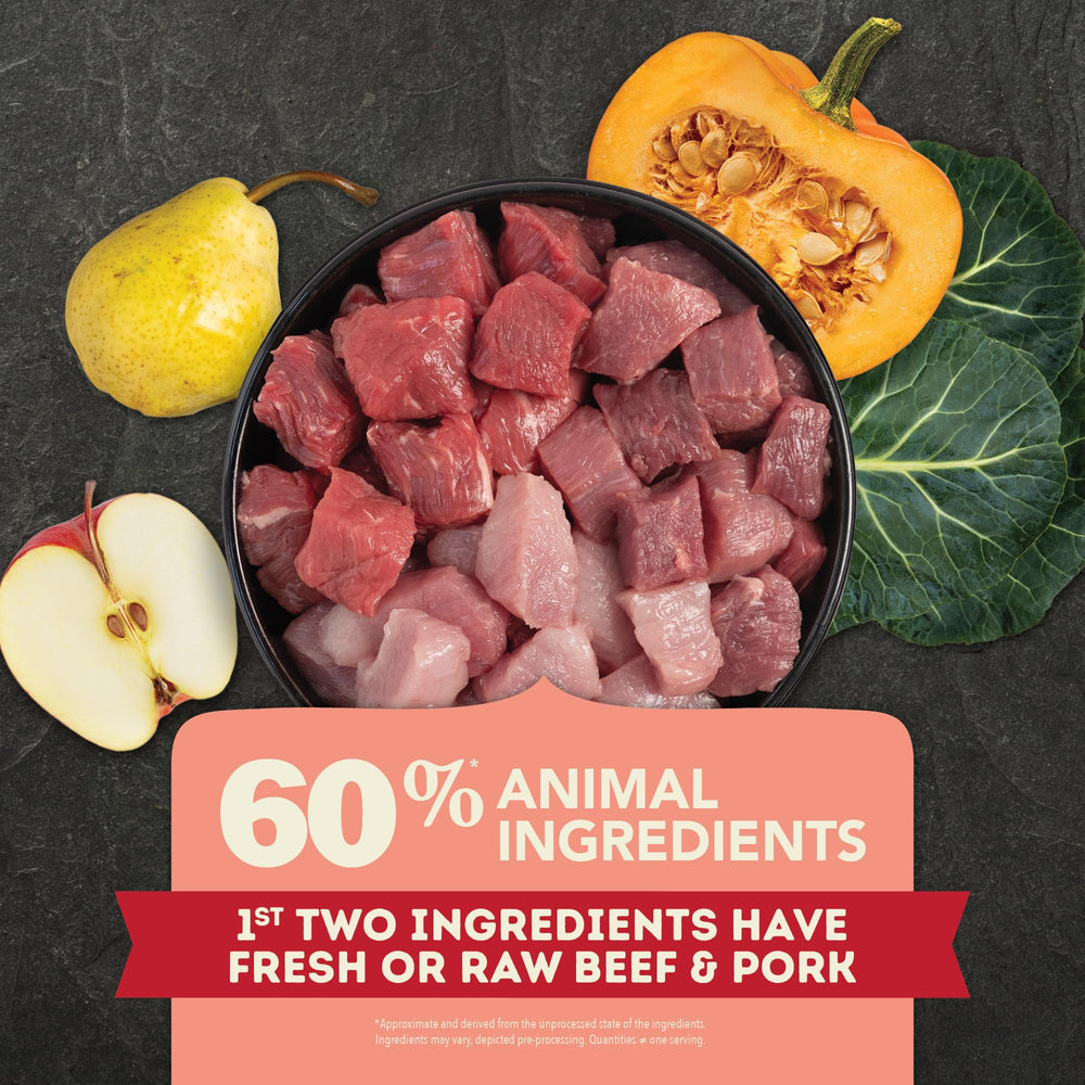 ACANA beef pork and lamb trio display emphasizing rich protein sources
