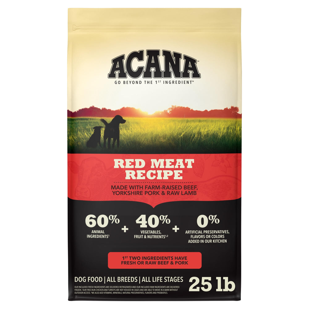 ACANA front pack view showing recipe and 25 lb size benefit freshness