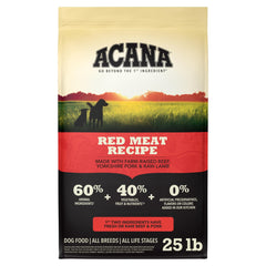 ACANA front pack view showing recipe and 25 lb size benefit freshness