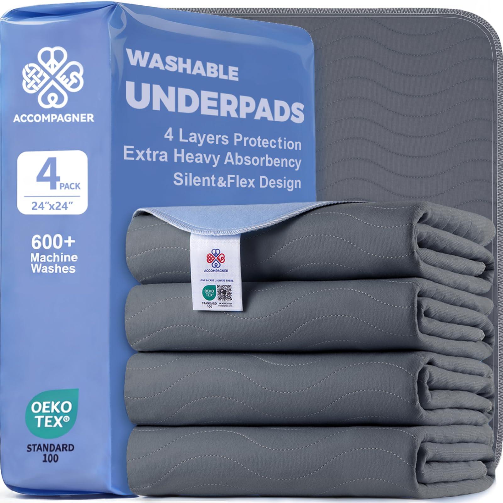 Accompagner front pack view showing four dark gray reusable underpads for convenience